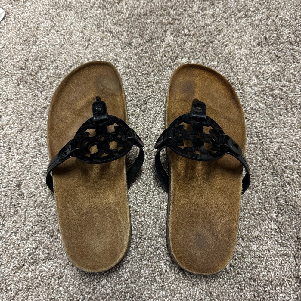 Tory Burch Black Miller Cloud Logo Thong Sandals with Brown Footbed